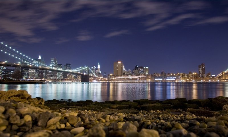 Обои ночь, пляж, мост, сша, нью-йорк, бруклинский мост, night, beach, bridge, usa, new york, brooklyn bridge разрешение 1920x1080 Загрузить