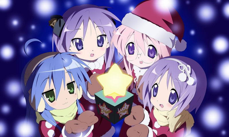 Обои lucky star, izumi konata, hiiragi tsukasa, hiiragi kagami, takara miyuki, елочная, christmas разрешение 1920x1200 Загрузить