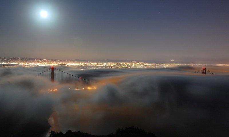 Обои ночь, туман, мост, город, луна, night, fog, bridge, the city, the moon разрешение 3008x2000 Загрузить