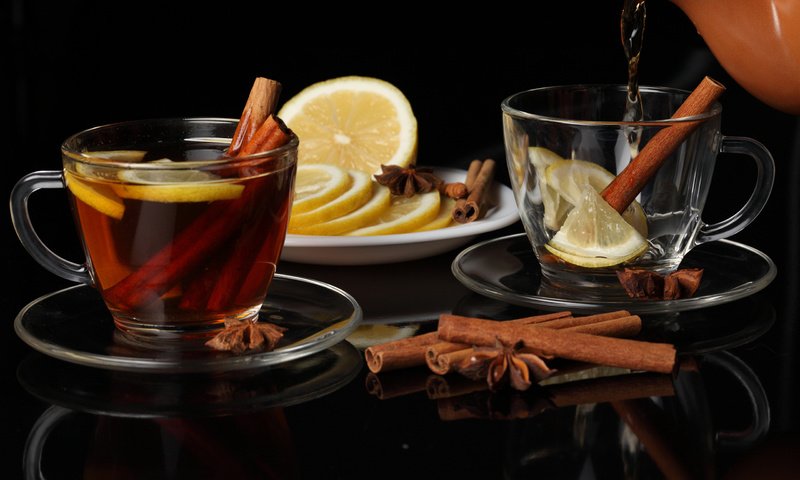 Обои корица, лимон, чай, чайник, чашки, бадьян, cinnamon, lemon, tea, kettle, cup, star anise разрешение 2560x1600 Загрузить