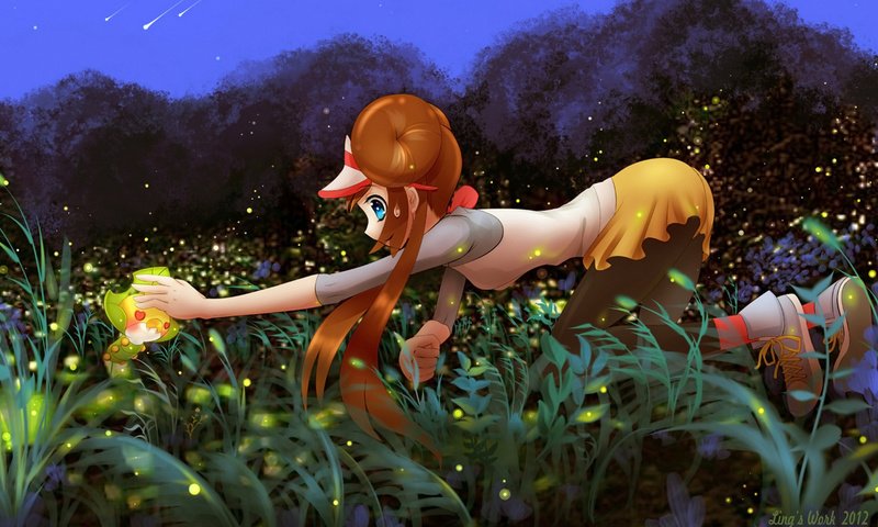 Обои трава, ночь, девушка, звезды, покемон, grass, night, girl, stars, pokemon разрешение 1920x1200 Загрузить