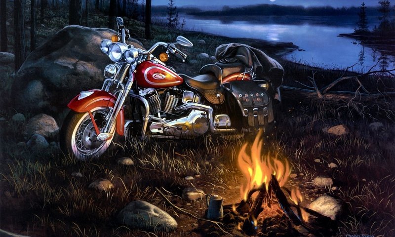 Обои арт, река, пейзаж, мотоцикл, костёр, harley-davidson, art, river, landscape, motorcycle, the fire разрешение 1920x1200 Загрузить