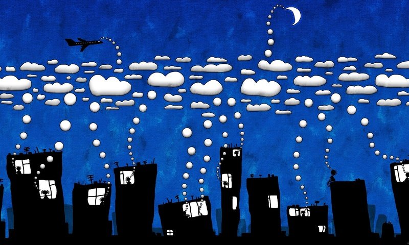 Обои облака, люди в домах, clouds, the people in the houses разрешение 2560x1440 Загрузить