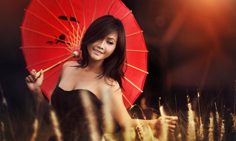 Обои девушка, улыбка, красный, модель, зонт, зонтик, азиатка, girl, smile, red, model, umbrella, asian разрешение 2048x1365 Загрузить