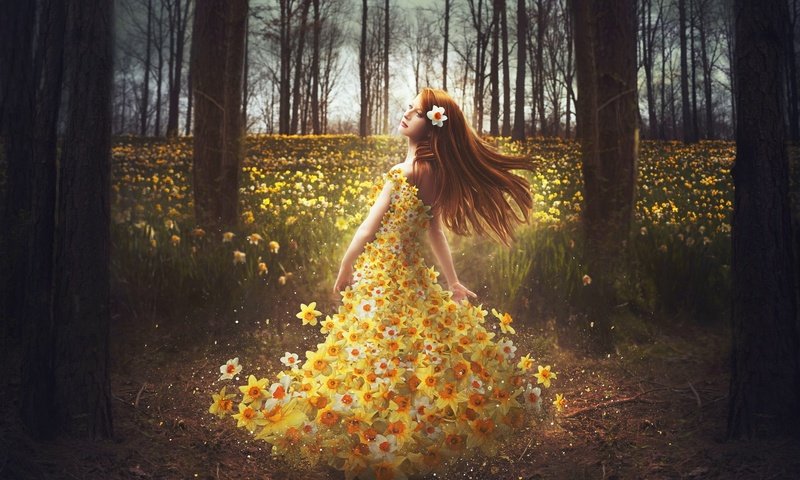 Обои цветы, лес, девушка, платье, нарциссы, рыжеволосая, shelby robinson, flowers, forest, girl, dress, daffodils, redhead разрешение 2048x1426 Загрузить