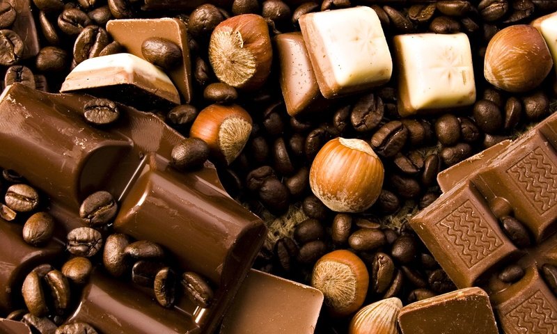 Обои орехи, кофе, шоколад, кофейные зерна, фундук, nuts, coffee, chocolate, coffee beans, hazelnuts разрешение 1920x1080 Загрузить