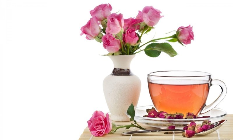 Обои цветы, розы, букет, чашка, чай, ложка, flowers, roses, bouquet, cup, tea, spoon разрешение 1920x1200 Загрузить