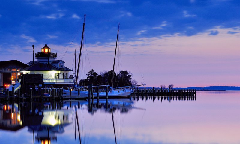 Обои вечер, закат, маяк, сша, синее, сиреневое, the evening, sunset, lighthouse, usa, blue, lilac разрешение 1920x1200 Загрузить