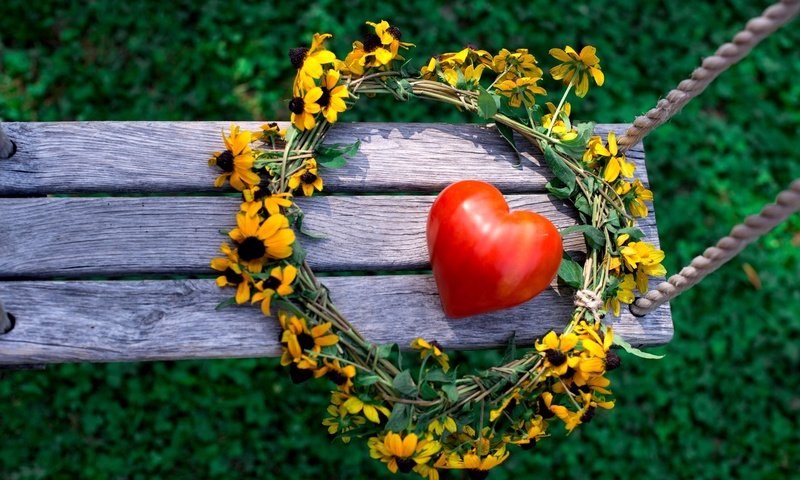 Обои цветы, природа, лето, сердце, венок, качели, flowers, nature, summer, heart, wreath, swing разрешение 2048x1367 Загрузить