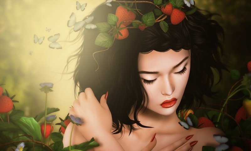 Обои девушка, брюнетка, грусть, клубника, бабочки, girl, brunette, sadness, strawberry, butterfly разрешение 2048x1376 Загрузить