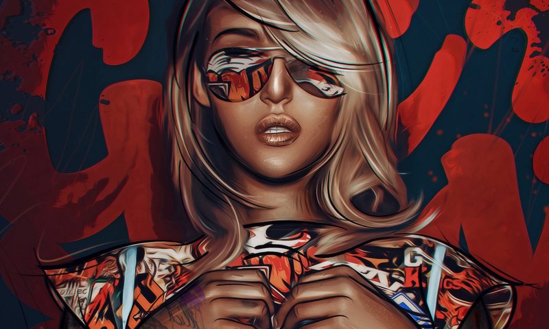 Обои арт, девушка, блондинка, очки, татуировки, лицо, art, girl, blonde, glasses, tattoo, face разрешение 1920x1437 Загрузить