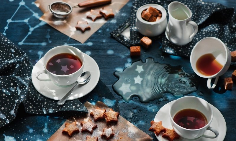 Обои звезды, чай, чашки, сахар, печенье, выпечка, stars, tea, cup, sugar, cookies, cakes разрешение 2048x1367 Загрузить