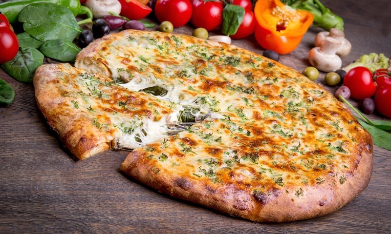 Обои грибы, сыр, овощи, помидор, пицца, mushrooms, cheese, vegetables, tomato, pizza разрешение 3000x1979 Загрузить