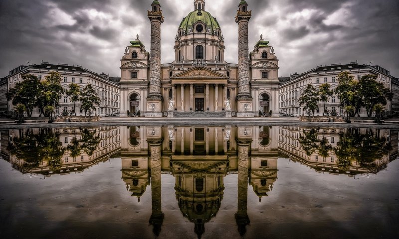 Обои вода, отражение, австрия, церковь, вена, карлсплац, water, reflection, austria, church, vienna, karlsplatz разрешение 2048x1422 Загрузить