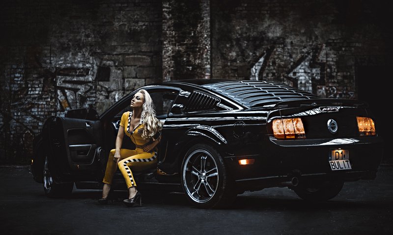 Обои девушка, блондинка, модель, автомобиль, мустанг, ford mustang, фон.jpg, girl, blonde, model, car, mustang, ford разрешение 2048x1152 Загрузить