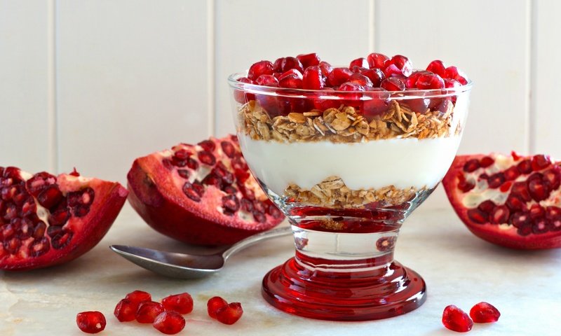 Обои завтрак, гранат, мюсли, йогурт, breakfast, garnet, muesli, yogurt разрешение 5645x3764 Загрузить