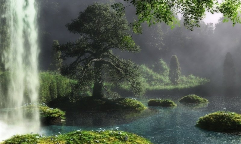 Обои река, природа, дерево, водопад, river, nature, tree, waterfall разрешение 1920x1080 Загрузить