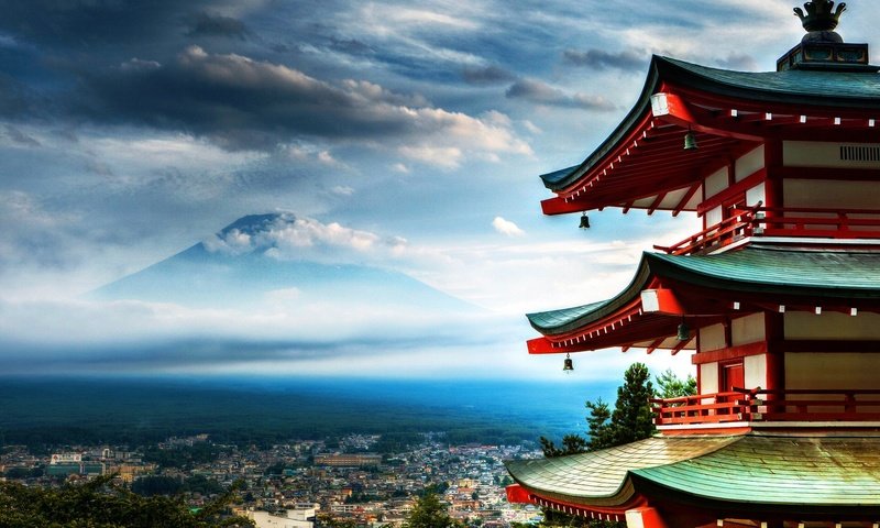 Обои японии, панорама города, фудзияма, senso-ji temle, пагода храма сенсо-дзи, fuji mountain, japan, panorama of the city, fuji, pagoda of senso-ji temple разрешение 1920x1080 Загрузить