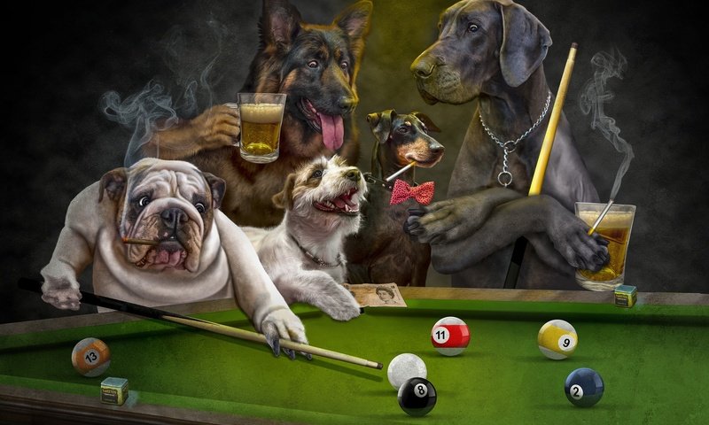 Обои курение, арт, игра, друзья, процесс, шары, отдых, игроки, фон, много, темный, взгляд, пиво, собаки, стол, клуб, бильярд, кий, собака, азарт, цепочка, рендеринг, компания, морды, кружки, сигары, smoking, art, the game, friends, process, balls, stay, players, background, a lot, dark, look, beer, dogs, table, club, billiards, cue, dog, the excitement, chain, rendering, company, muzzle, mugs, cigars разрешение 2048x1621 Загрузить