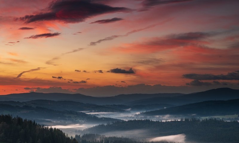 Обои небо, горы, лес, закат, the sky, mountains, forest, sunset разрешение 2048x1405 Загрузить
