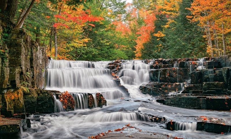 Обои река, лес, осень, водопады, каскад, мичиган, river, forest, autumn, waterfalls, cascade, michigan разрешение 2048x1365 Загрузить