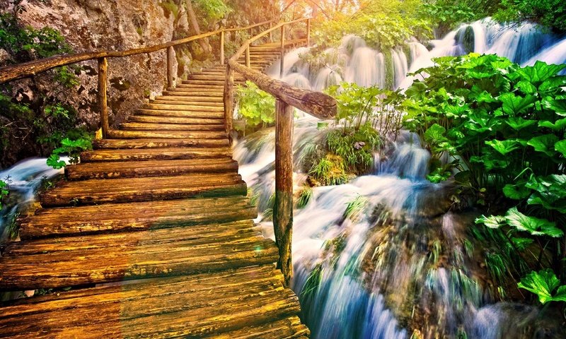 Обои мост, водопад, перила, растительность, деревянный мост, bridge, waterfall, railings, vegetation, wooden bridge разрешение 3840x2400 Загрузить