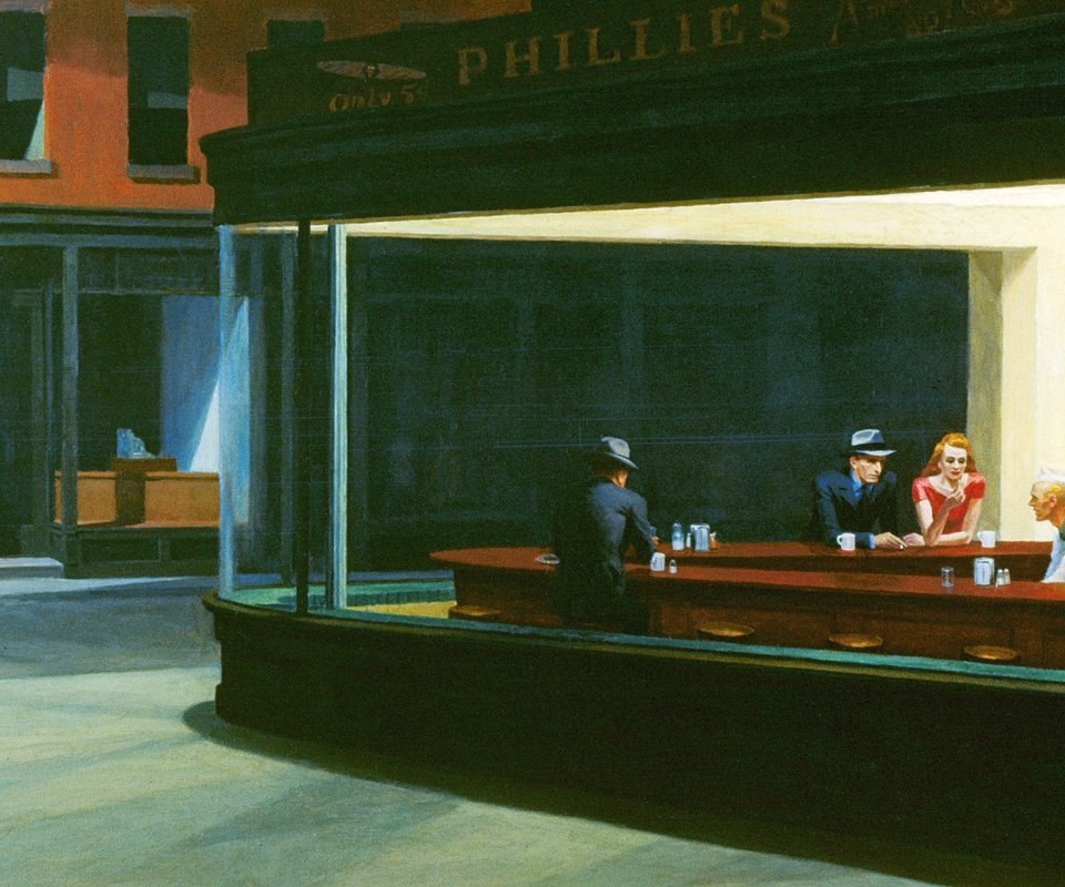 Обои рисунок, кафе, полуночники, эдвард хоппер, nighthawks, figure, cafe, night owls, edward hopper разрешение 2560x1600 Загрузить