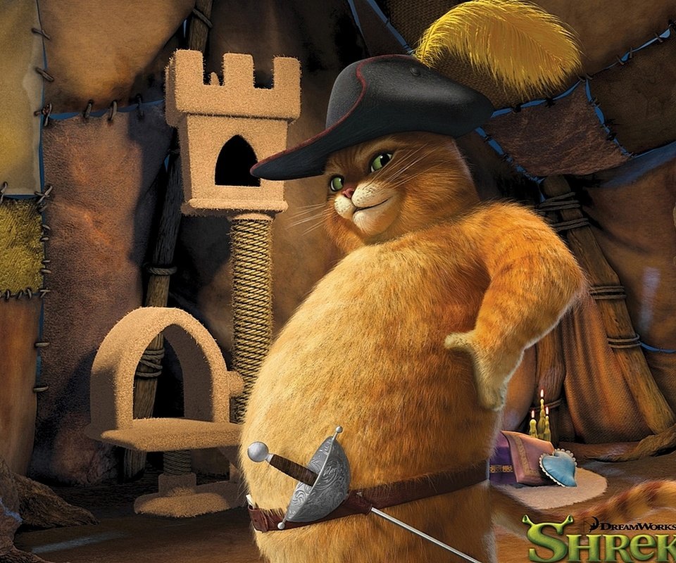 Обои кот, шрек, шпага, cat, shrek, sword разрешение 1920x1080 Загрузить