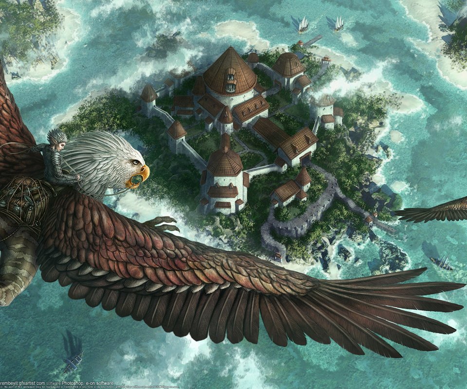 Обои фентези, полет, город, всадник, kerem beyit, грифон, fantasy, flight, the city, rider, griffin разрешение 1920x1200 Загрузить