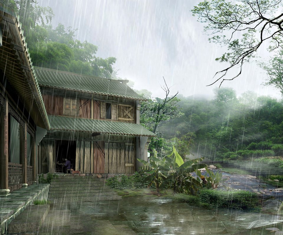 Обои япония, дом, дождь, japan, house, rain разрешение 1920x1200 Загрузить