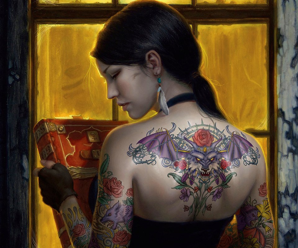 Обои арт, девушка, спина, окно, татуировка, книга, цветная, art, girl, back, window, tattoo, book, color разрешение 1920x1200 Загрузить