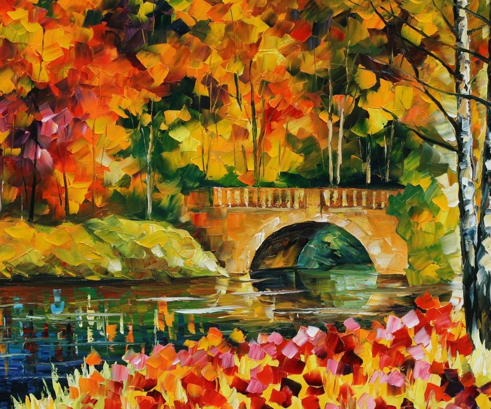 Обои деревья, вода, листья, мост, речка, живопись, trees, water, leaves, bridge, river, painting разрешение 2560x1600 Загрузить