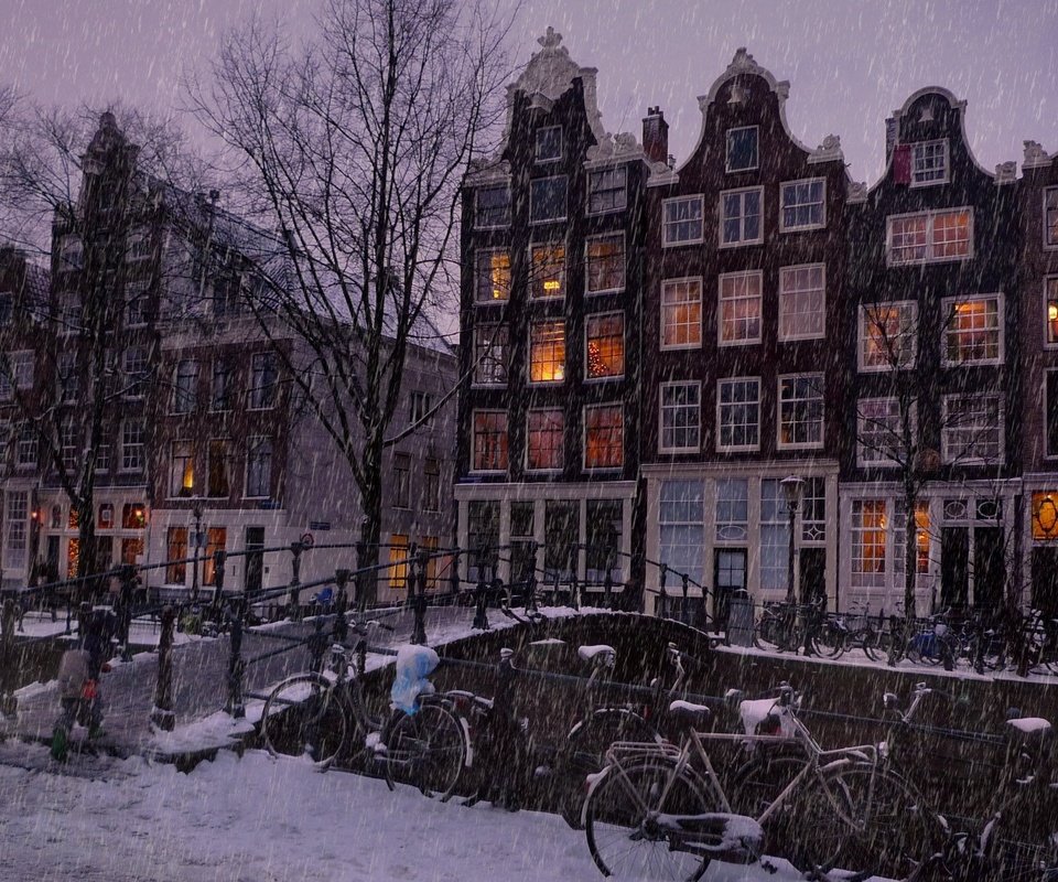 Обои деревья, люди, let it snow in the amsterdam, огни, мост, вечер, дома, река, улица, снег, дождь, зима, здания, окна, пейзаж, зимний, вид, амстердам, amsterdam, trees, people, lights, bridge, the evening, home, river, street, snow, rain, building, winter, windows, landscape, view разрешение 2560x1600 Загрузить