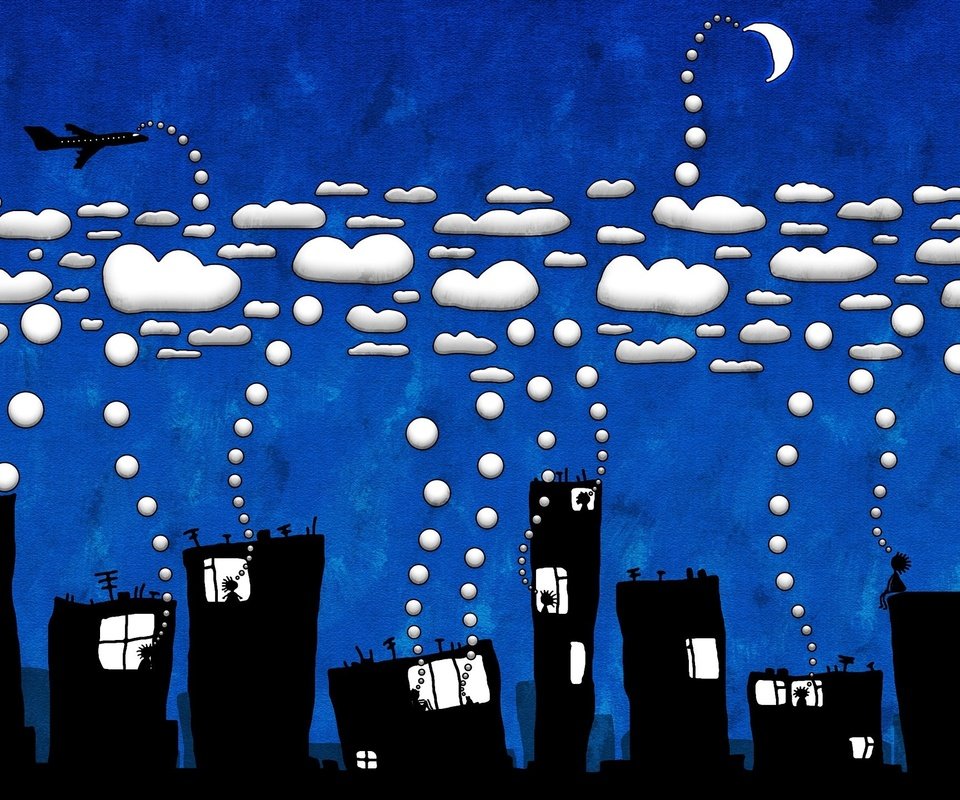 Обои облака, люди в домах, clouds, the people in the houses разрешение 2560x1440 Загрузить