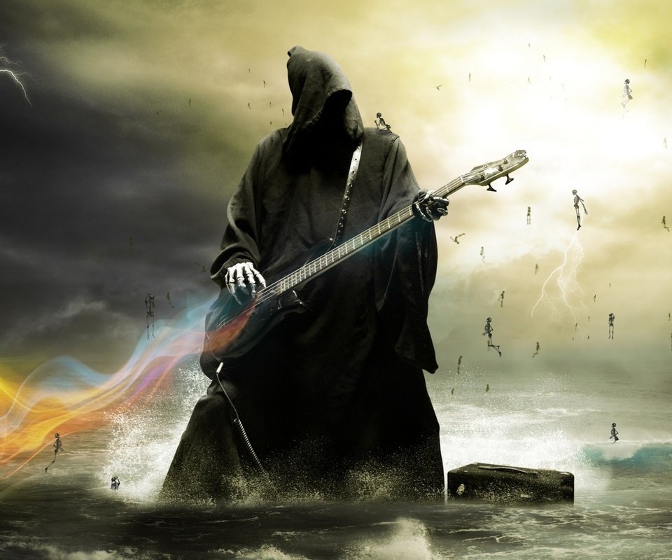 Обои смерть играет на электрогитаре., death plays the guitar. разрешение 2560x1600 Загрузить