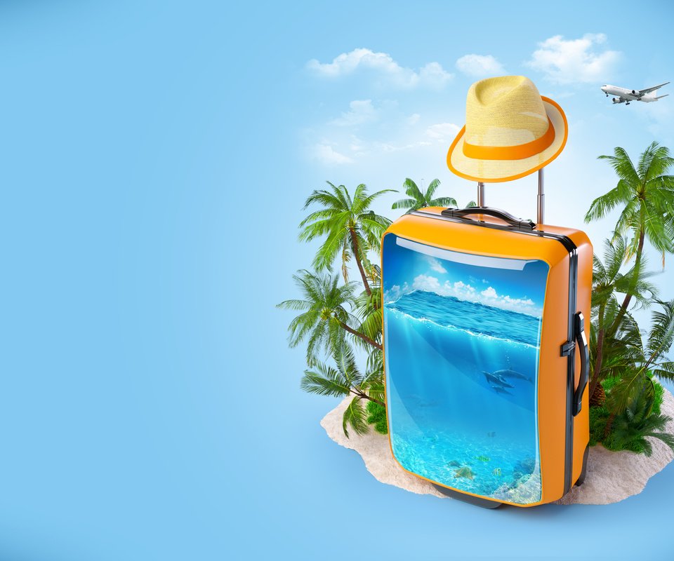 Обои облака, чемодан, самолет, курорт., море, пальмы, креатив, отдых, шляпа, дельфины, clouds, suitcase, the plane, resort., sea, palm trees, creative, stay, hat, dolphins разрешение 6489x4079 Загрузить