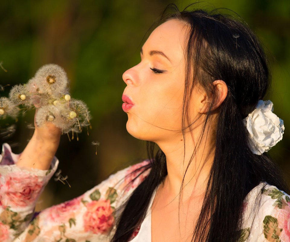 Обои цветы, брюнетка, модель, лицо, кети, одуванчик, flowers, brunette, model, face, katie, dandelion разрешение 5416x3480 Загрузить