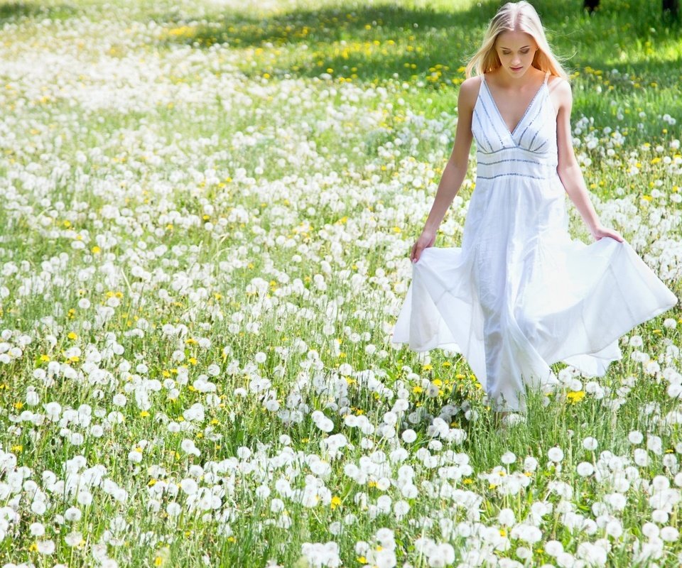 Обои цветы, девушка, платье, блондинка, поле, одуванчики, flowers, girl, dress, blonde, field, dandelions разрешение 1920x1200 Загрузить