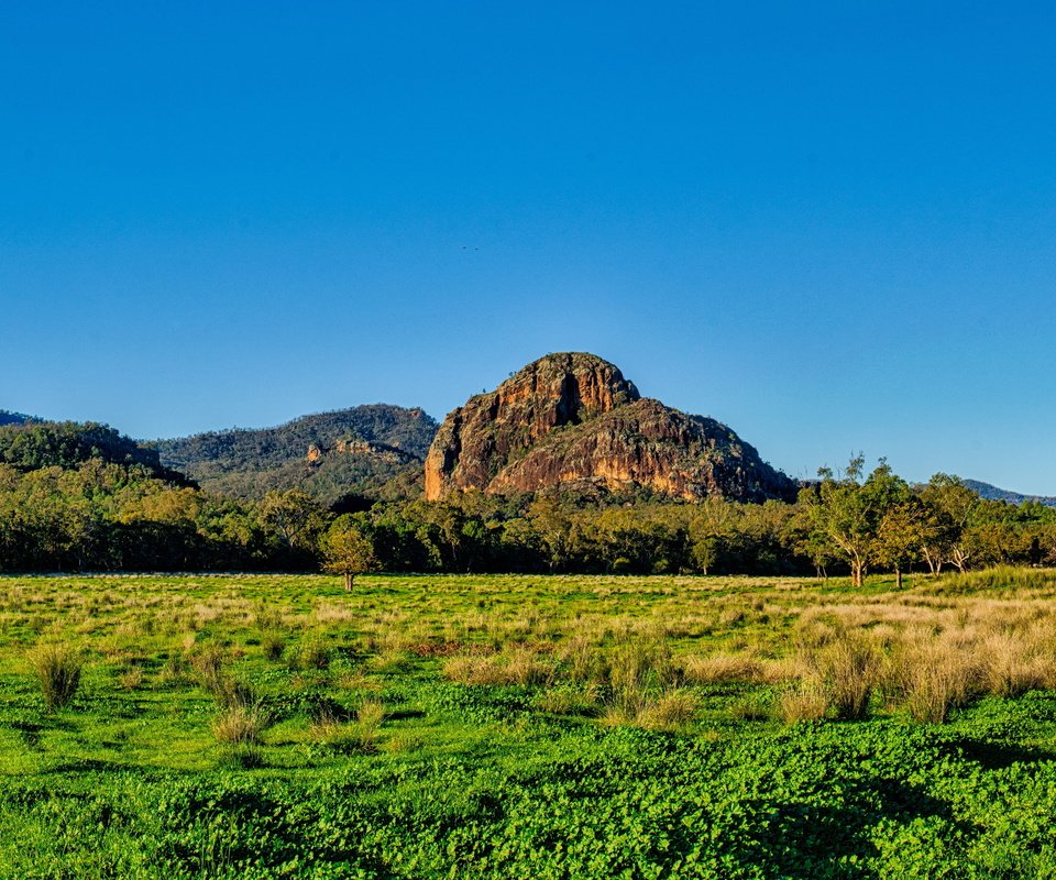 Обои небо, равнина, трава, австралия, деревья, warrumbungles national park, горы, скалы, солнце, лес, кусты, the sky, plain, grass, australia, trees, mountains, rocks, the sun, forest, the bushes разрешение 5100x3000 Загрузить