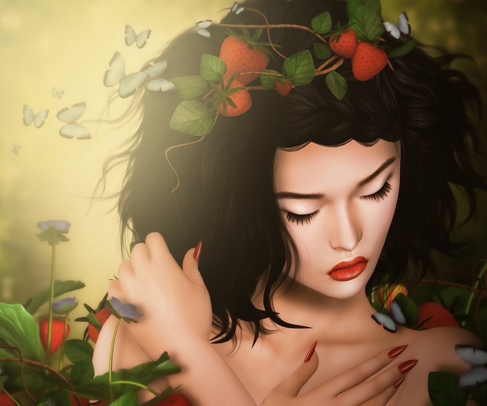 Обои девушка, брюнетка, грусть, клубника, бабочки, girl, brunette, sadness, strawberry, butterfly разрешение 2048x1376 Загрузить