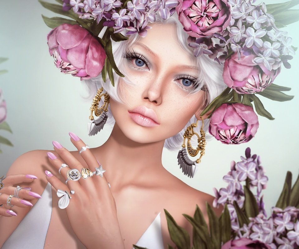 Обои цветы, девушка, кольца, венок, сёрьги, flowers, girl, ring, wreath, earrings разрешение 2048x1390 Загрузить