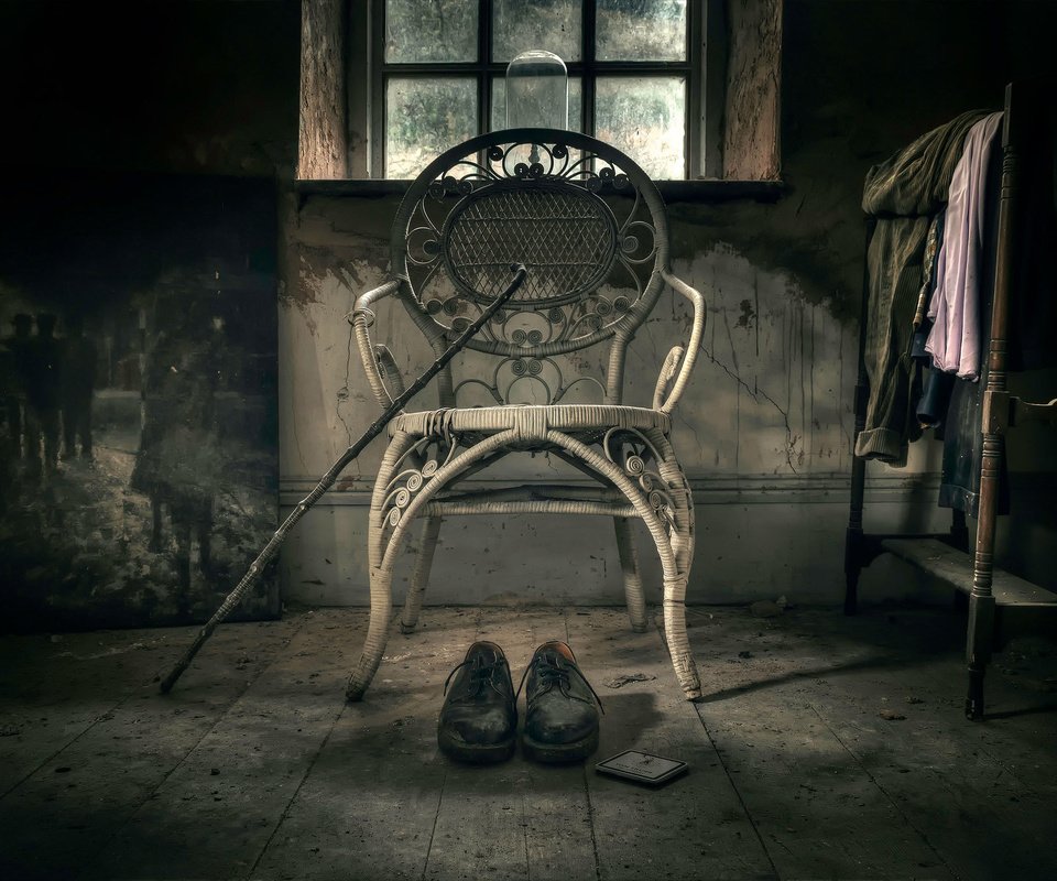 Обои картина, стул, ботинки, трость, solitude, picture, chair, shoes, cane разрешение 2048x1368 Загрузить