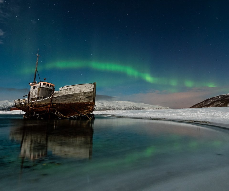 Обои ночь, море, корабль, северное сияние, night, sea, ship, northern lights разрешение 1920x1080 Загрузить