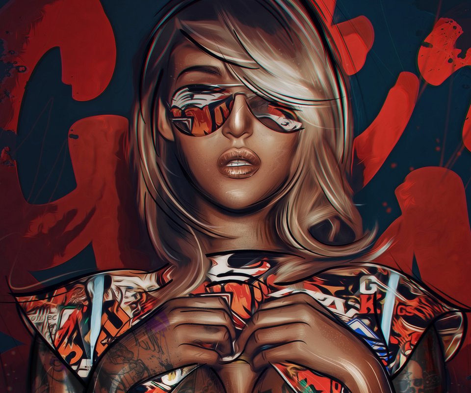 Обои арт, девушка, блондинка, очки, татуировки, лицо, art, girl, blonde, glasses, tattoo, face разрешение 1920x1437 Загрузить