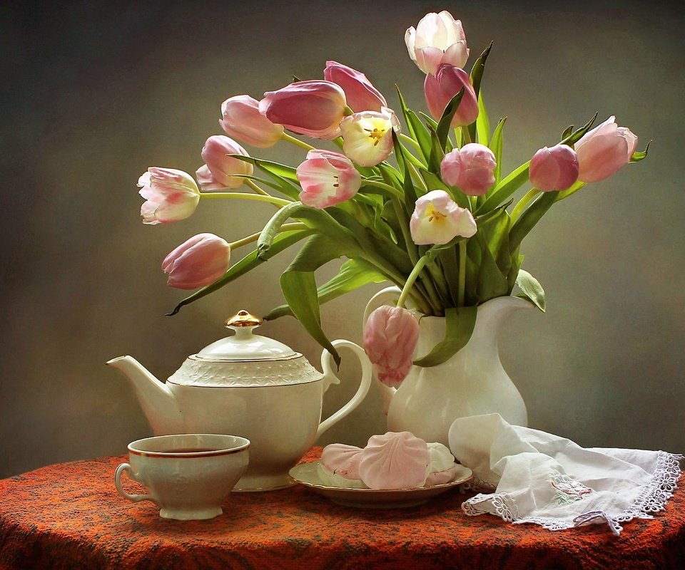 Обои букет, тюльпаны, чай, чайник, зефир, натюрморт, bouquet, tulips, tea, kettle, marshmallows, still life разрешение 1920x1275 Загрузить