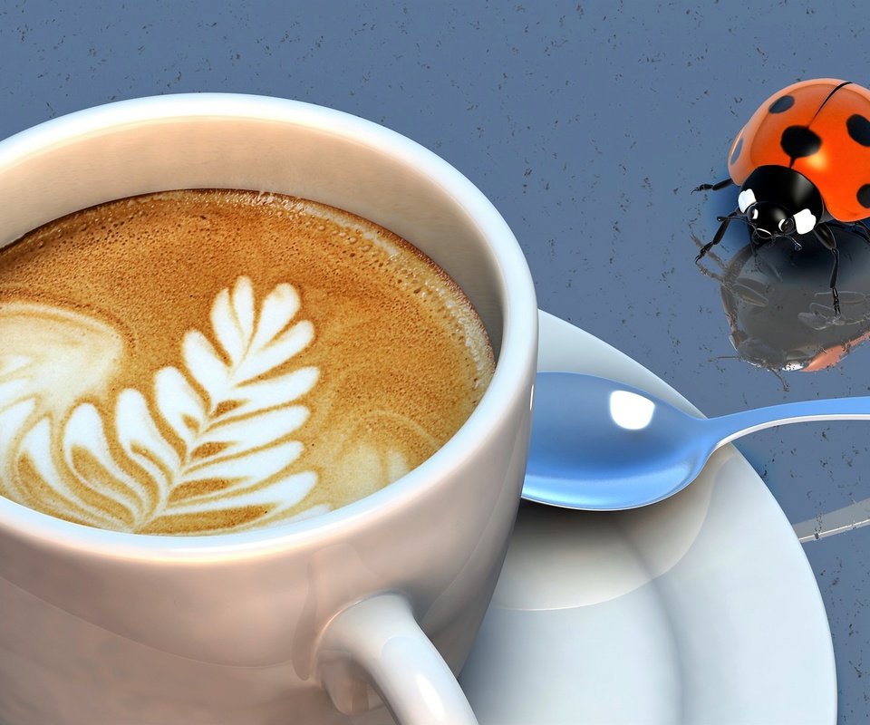 Обои насекомое, узор, кофе, божья коровка, чашка, ложка, капучино, пенка, insect, pattern, coffee, ladybug, cup, spoon, cappuccino, foam разрешение 4200x2200 Загрузить
