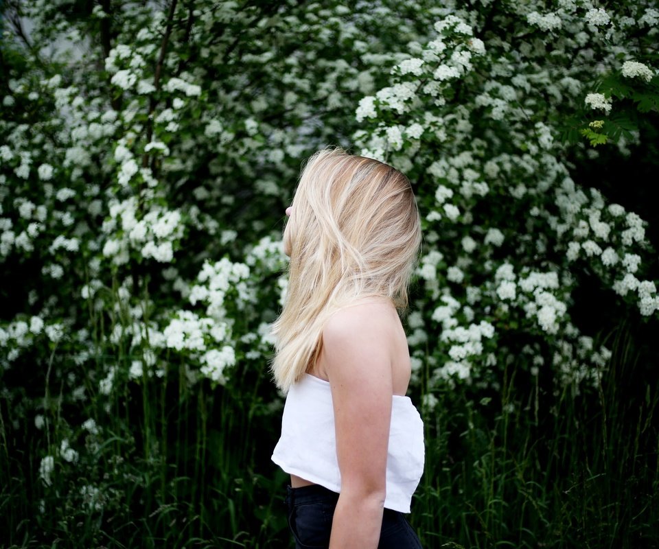 Обои цветы, девушка, блондинка, профиль, белые, flowers, girl, blonde, profile, white разрешение 2048x1366 Загрузить