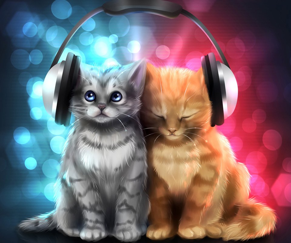 Обои рисунок, музыка, серый, блики, наушники, кошки, котята, рыжий, figure, music, grey, glare, headphones, cats, kittens, red разрешение 2000x2000 Загрузить