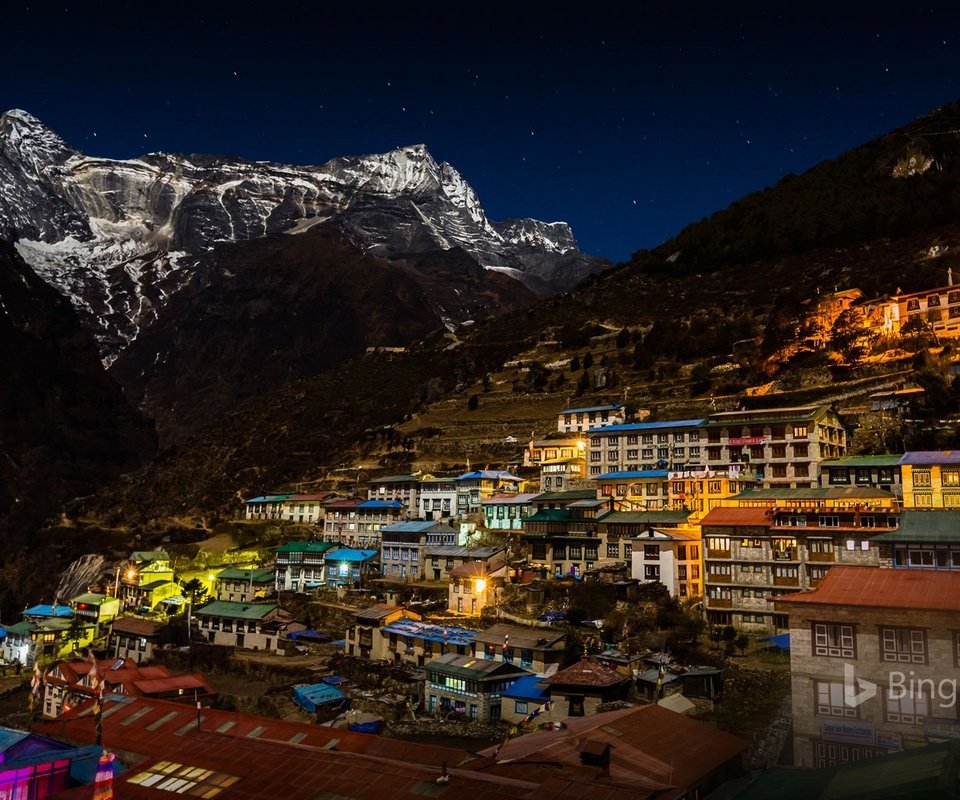 Обои огни, горы, город, дома, непал, национальный парк сагарматха, lights, mountains, the city, home, nepal разрешение 1920x1200 Загрузить