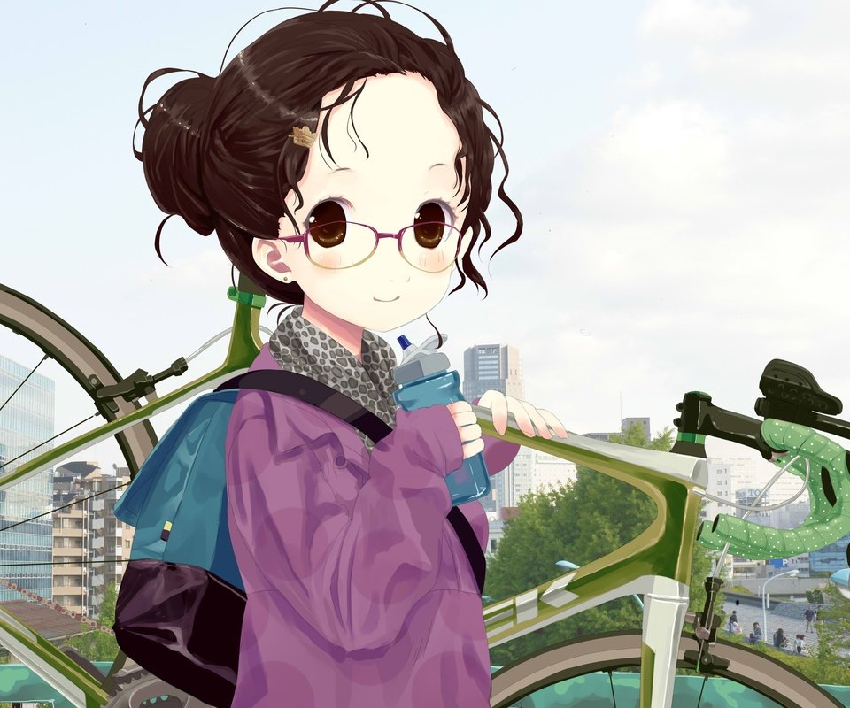 Обои девушка, очки, аниме, волосы, велосипед, girl, glasses, anime, hair, bike разрешение 2936x2432 Загрузить